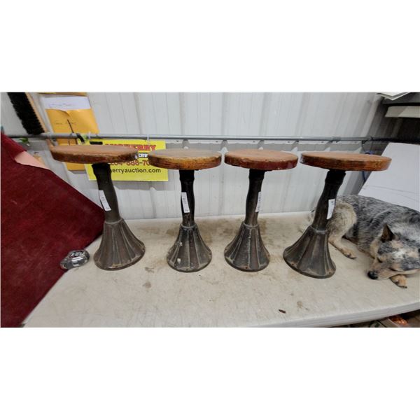 Set of 4 Antique Industrial Cafe Stools With Round Wooden Tops and Cast Iron Fluted Pedestal Bases