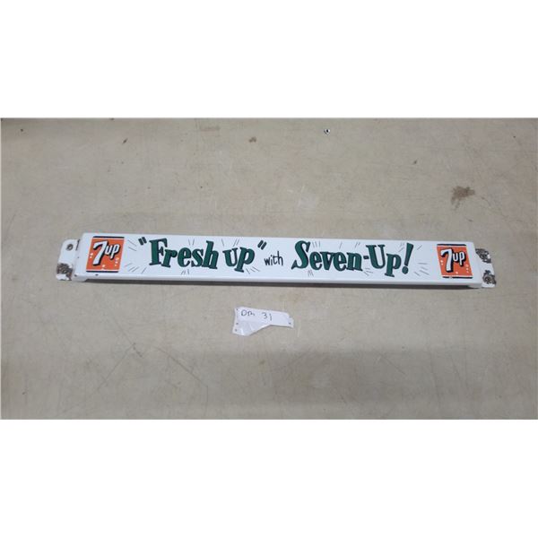 Vintage 7Up "Fresh Up With Seven-Up!" Enameled Metal Door Push Bar Sign, 1950s-1960s 3 x 31"