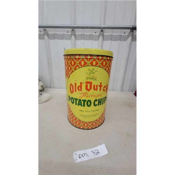 Old Dutch Flavorized Potato Chips Tin, 1 lb., Windmill & Tulip Design Vintage