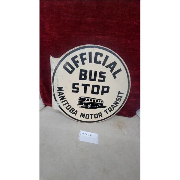 Vintage Manitoba Motor Transit "Official Bus Stop" Enamel-On-Metal Flange Sign 18 x 18"