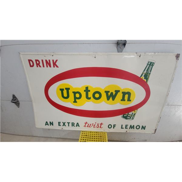 1965 Vintage Uptown "An Extra Twist of Lemon" Embossed Tin Advertising Sign 35 x 59"