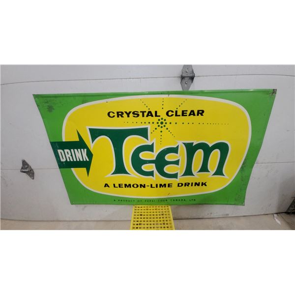 1963 Vintage Teem "Crystal Clear" Lemon-Lime Drink Metal Embossed Advertising Sign