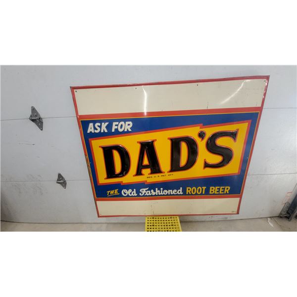 Vintage Dad's Old Fashioned Root Beer Embossed Metal Advertising Sign, "Ask For Dad's" 47 x 55"