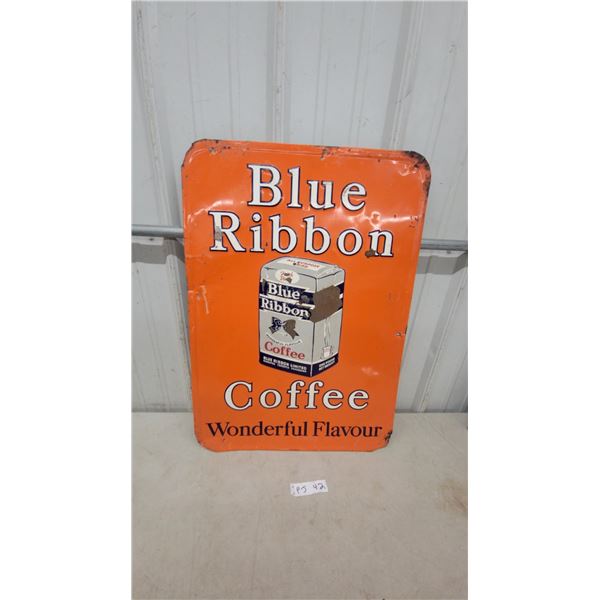 1953 Blue Ribbon Coffee "Wonderful Flavour" Metal Tin Embossed Advertising Sign 19 x 27"