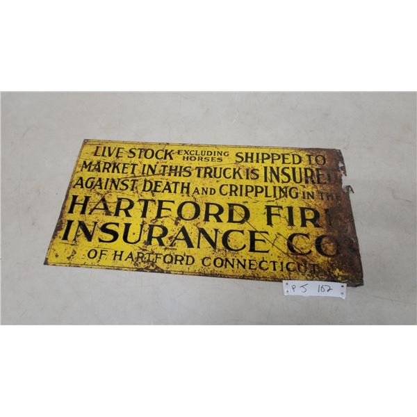 Vintage Hartford Fire Insurance Co. Livestock Shipping Metal Advertising Sign 12 x 24"