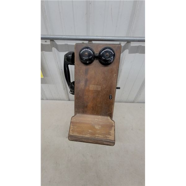Antique Wooden Wall-Mounted Magneto Telephone With Handset, Bells, and Hand Crank, C. 1900-1920s