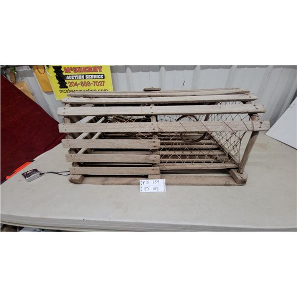 Vintage Wooden Eel Trap with Slatted Frame and Internal Netting Funnel 22 x 31 x 13"