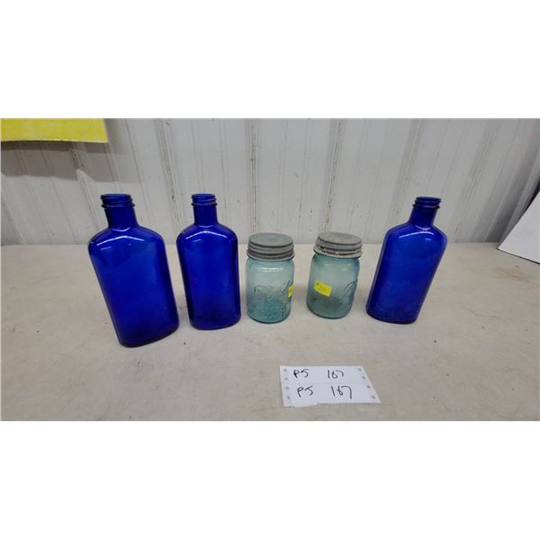 Vintage Cobalt Blue Glass Bottles and Ball Aqua Mason Jars with Zinc Lids