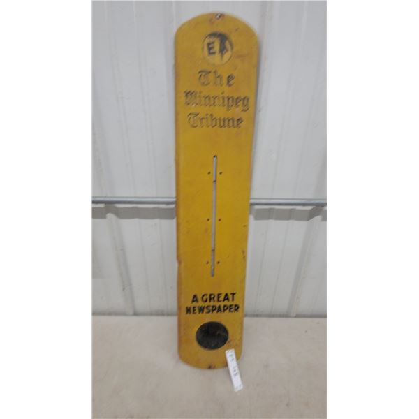 Vintage "The Winnipeg Tribune - A Great Newspaper" Yellow Metal Advertising Thermometer Sign