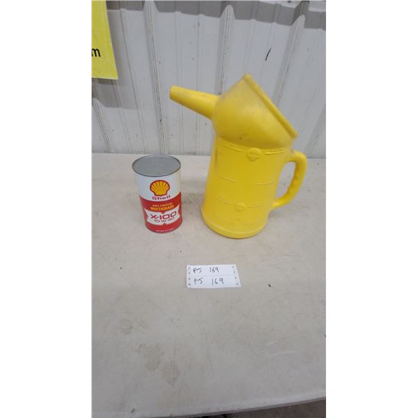 Vintage Shell Yellow Plastic 1-Gallon Oil Pouring Jug and Shell X-100 10W-30 Motor Oil Can
