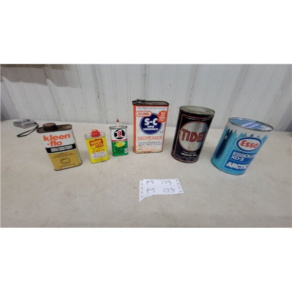 Vintage Oil and Chemical Cans Including Gunk, Tidex, Esso Arctic, Kleen-Flo, Goof off and More
