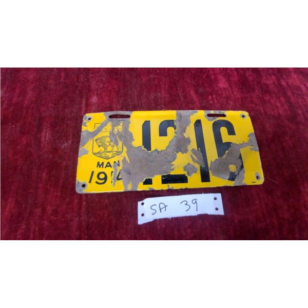 Vintage 1916 Manitoba Porcelain License Plate with Buffalo Emblem, Yellow and Black Matching