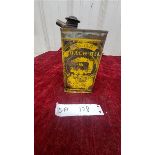 Rega Coach Oil Tin Can with Yellow Graphics and Carriage Illustration
