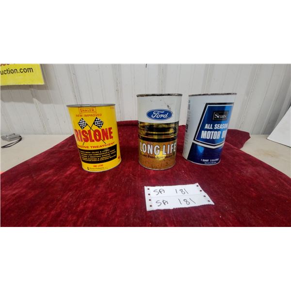 Rislone Engine Treatment, Ford Long Life Motor Oil and Sears All Season Motor Oil Cans