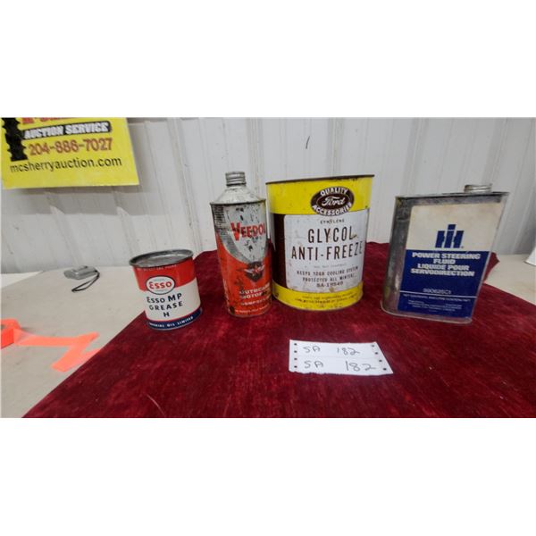 Vintage Oil Cans Incl. Esso MP Grease, Veedol, Ford Glycol Anti-Freeze, IH Power Steering and More