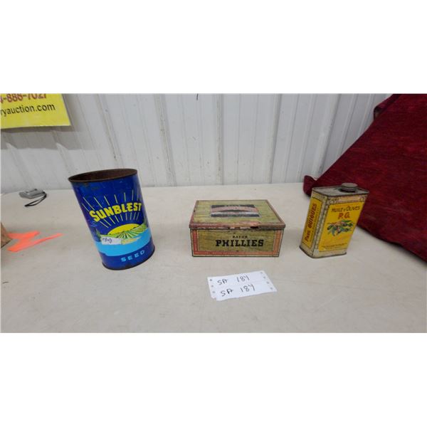 Vintage Sunblest Seed Tin, Bayuk Phillies Tin Cigar Box, and Paul Guigues Huile D'Olives P.G. Tin