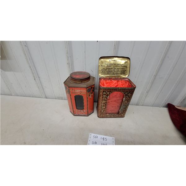 Clarnico Lozenges & Gums Tin and Acme Licorice Pellets Canister with Contents, Antique