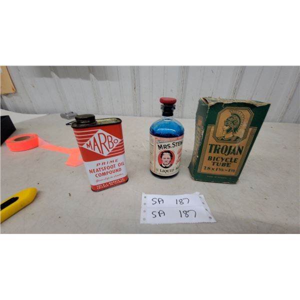 Marbo Neatsfoot Oil Tin, Mrs. Stewart's Liquid Bluing Bottle and Trojan Bicycle Tube Box