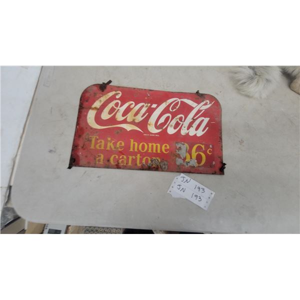Vintage 1950s Coca-Cola "Take Home a Carton 36¢" Metal Sign, 2-Sided, 9"×16"
