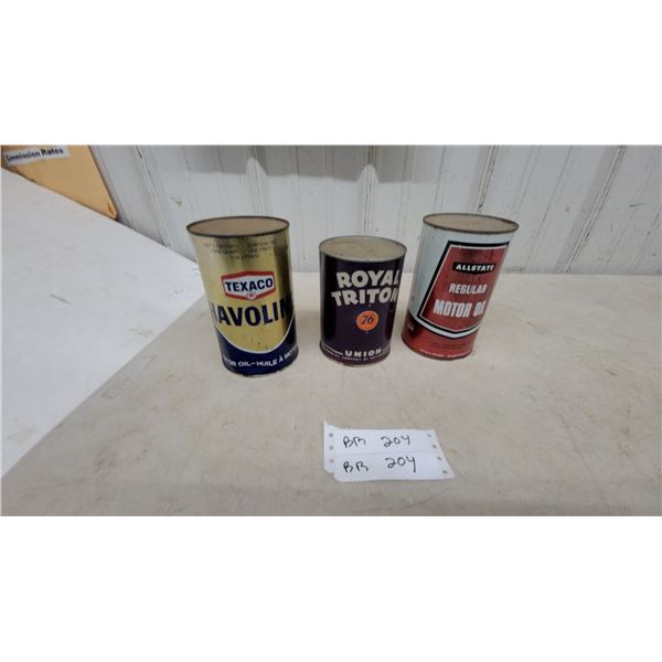 Vintage Texaco Havoline, Union Royal Triton 76, and Allstate Motor Oil Quart Cans