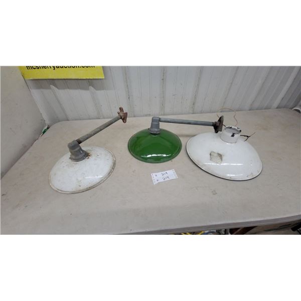 Three Vintage Industrial Lights: 2 White and 1 Green Enamel, with Arms and Mounts