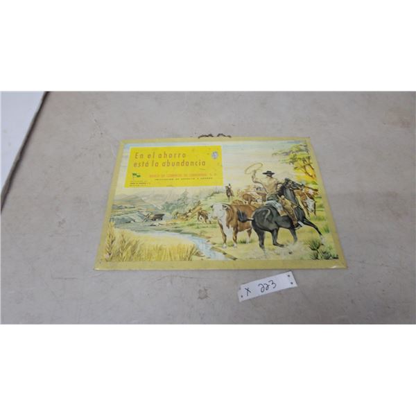 Banco de Comercio de Chihuahua "En el Ahorro Está la Abundancia" Cowboy Tin Litho Sign