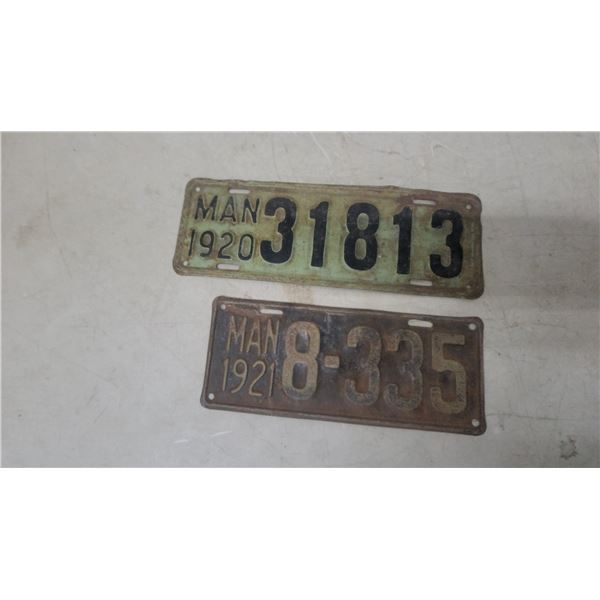 Antique 1920 and 1921 Manitoba Canada Automobile License Plates, Set of 2
