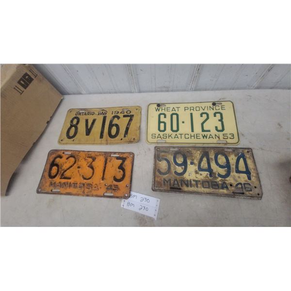 Vintage Canadian License Plates: 1945 and 1946 Manitoba, 1940 Ontario, 1953 Saskatchewan