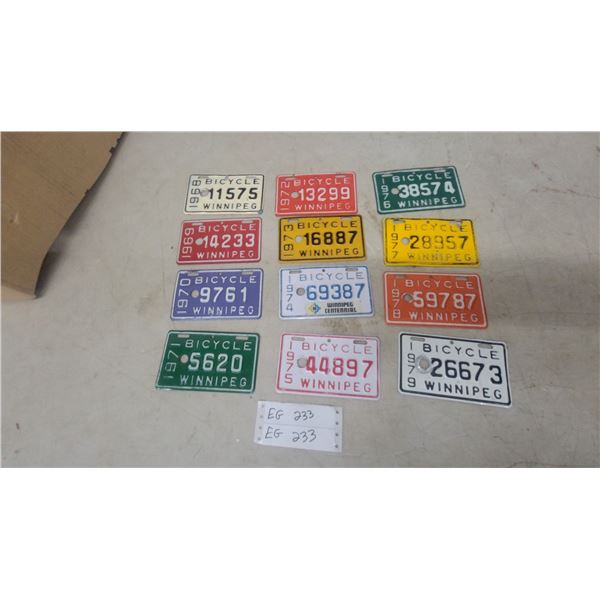 Vintage Winnipeg Metal Bicycle License Plates, 1968-1979, Including 1974 Centennial