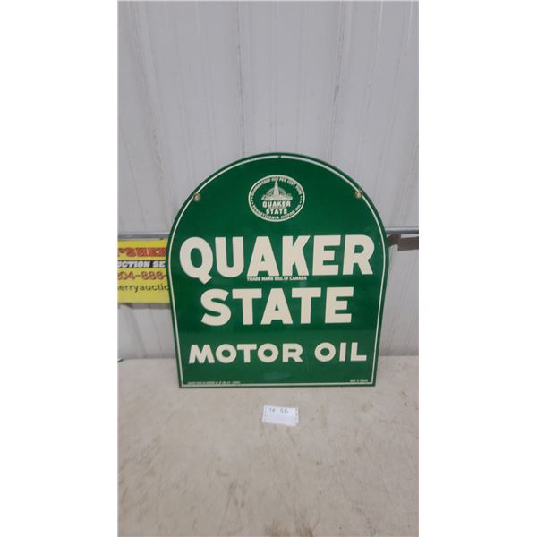 Quaker State Motor Oil Tombstone Metal Sign, "Guaranteed 100 Per Cent Pure"
