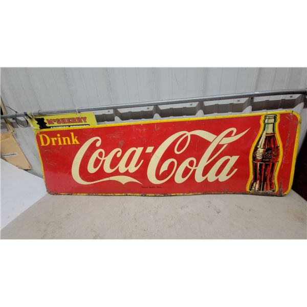Vintage 1940s-1950s "Drink Coca-Cola" Embossed Metal Advertising Sign with Contour Bottle 17”×57”