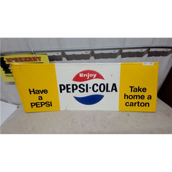 1966 Pepsi-Cola "Have a Pepsi" and "Take Home a Carton" tin embossed Advertising Sign 17.6”×47”