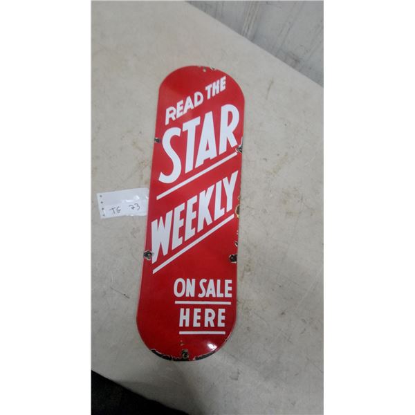 "Read the Star Weekly on Sale Here" Red Porcelain Enamel Advertising Sign 7.6”×24” vintage