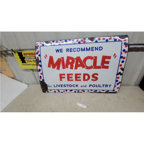 "Miracle Feeds" Livestock and Poultry Vintage Enamel Advertising Sign 24”×36”