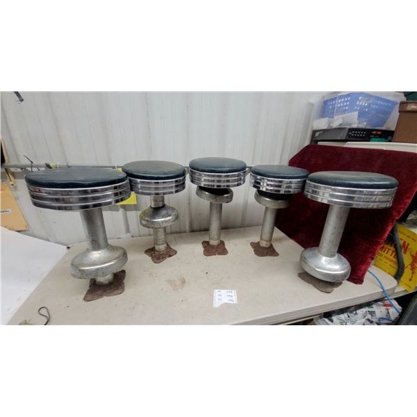 Set of Five Vintage Commercial Diner Stools With Green Vinyl Seats and Chrome Bell Bases 21.6”