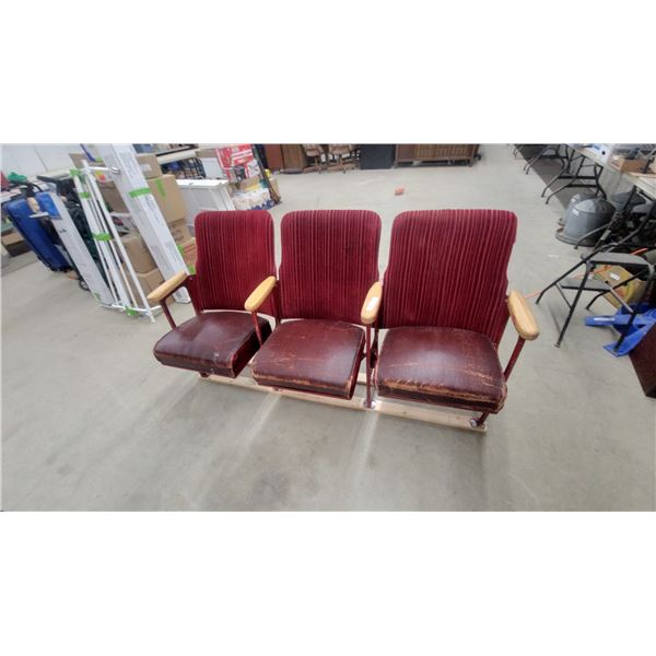 Vintage Set of Three Interconnected Theater Seats with Red Ribbed Fabric and Wooden Armrests 63”