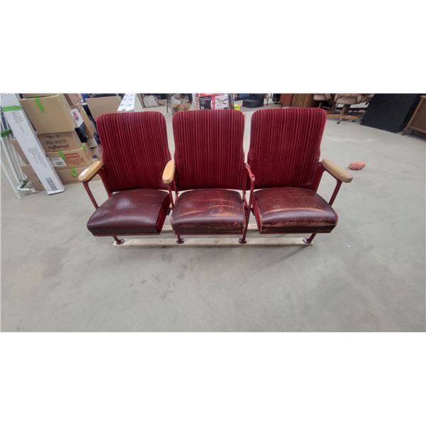 Set of Three Vintage Theater Chairs With Red Velvet Backs and Cast Iron Frame 63” wide