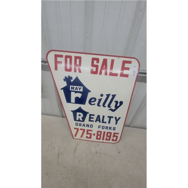 Vintage Ray Reilly Realty "For Sale" metal Sign, Grand Forks, 2 sided 24”×up to 22”