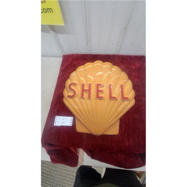 Modern Shell Oil Company Porcelain Enamel Scallop Shell Sign, Embossed Red Lettering, 19”×21”