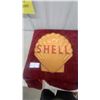 Image 1 : Modern Shell Oil Company Porcelain Enamel Scallop Shell Sign, Embossed Red Lettering, 19”×21”