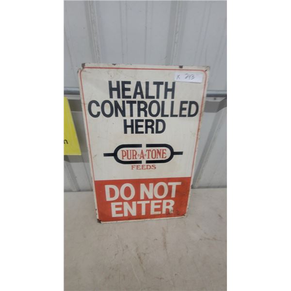 Pur-A-Tone Feeds "Health Controlled Herd Do Not Enter" wooden Advertising Sign 16”×24”