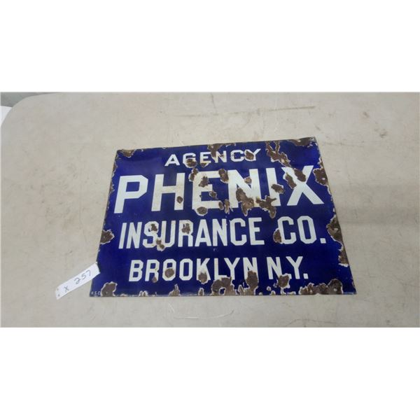 Vintage Phenix Insurance Co. Agency Brooklyn N.Y. Porcelain Enamel Advertising Sign 14”×20”
