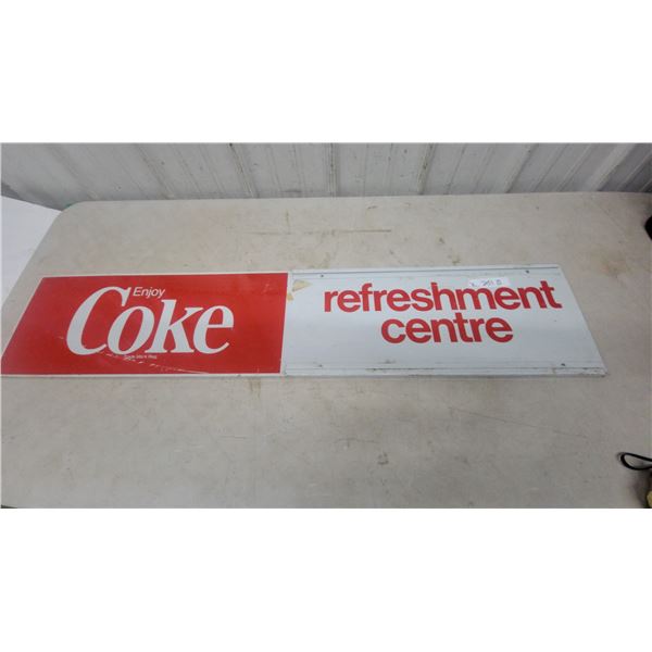 Vintage Coca-Cola "Enjoy Coke Refreshment Centre" Vertical Metal Advertising Sign 10”×48”