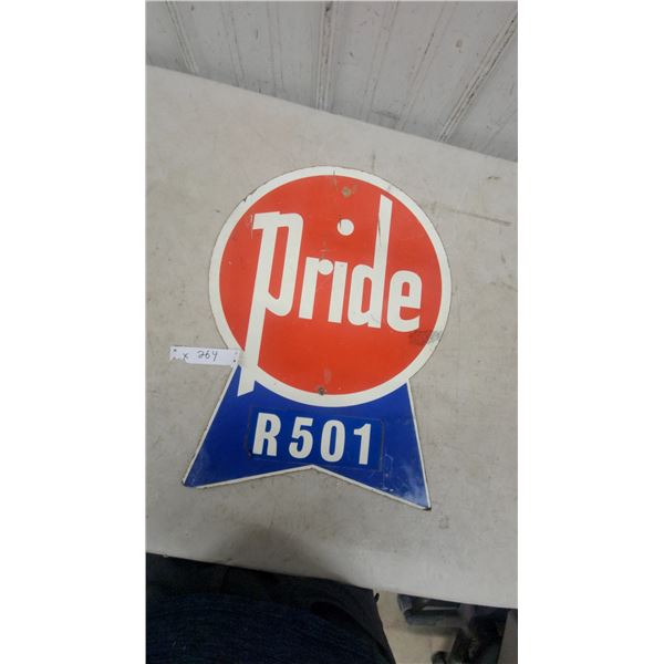 Vintage "Pride" R501 Dairy Route Sign, malmac, Red and Blue Ribbon Design 16”×22”