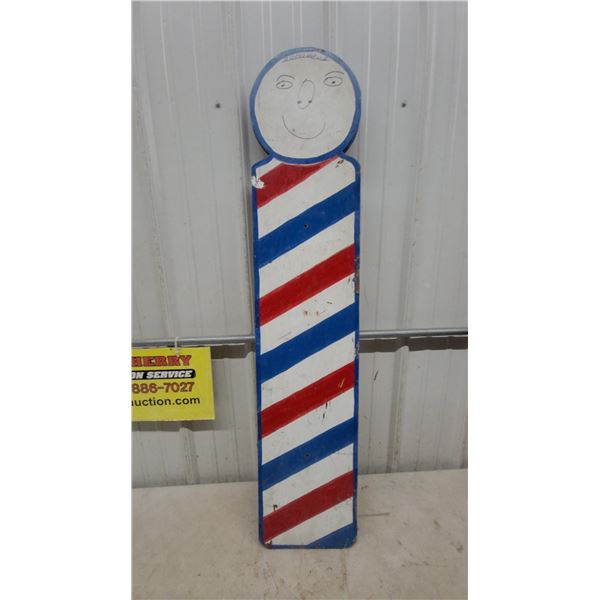 Handmade Wooden Folk Art Barber Pole Sign with Painted Face and Red, White, and Blue Stripes