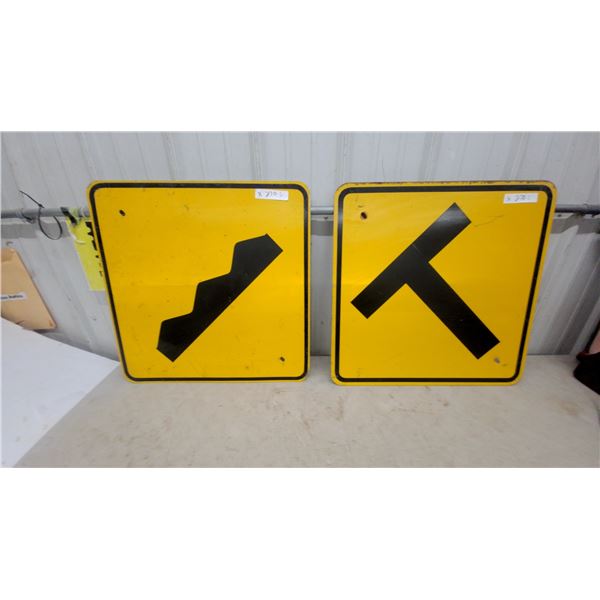 Pair of older metal Yellow Road Signs, Winding Road and T-Intersection 24”×24”