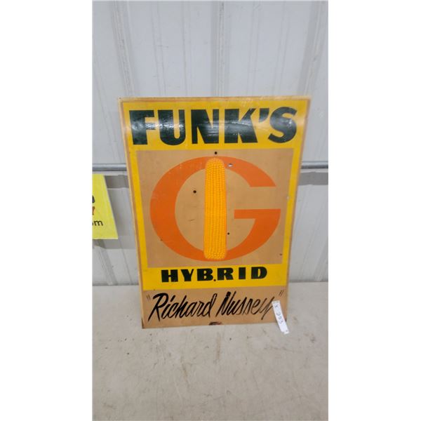 Funk's G Hybrid "Richard Nussey" Seed Corn Advertising Sign 20”×28” fiberglass 1977