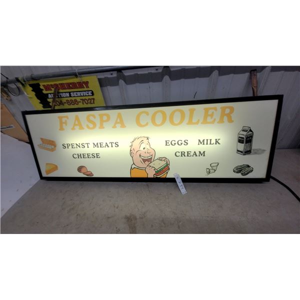 Illuminated "Faspa Cooler" Sign Featuring Spenst Meats, Cheese, Eggs, Milk, and Cream 15”×48”