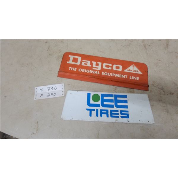 Vintage Dayco "The Original Equipment Line"5”×14” and Lee Tires Metal Advertising Signs 4”×12”