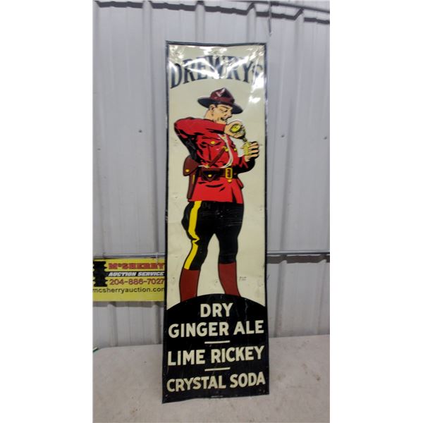 Drewrys Dry Ginger Ale, Lime Rickey, and Crystal Soda Embossed Tin Mountie Sign
